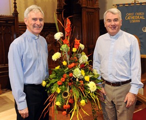 Rev Canon Sam Wright welcomes guest preacher Archdeacon David McClay from Willowfield Parish, Belfast to the Harvest Thanksgiving Service in Lisburn Cathedral. Photo: John Kelly