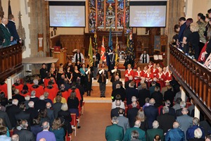 Return of the colours at the Remembrance Day Service in Lisburn Cathedral.  