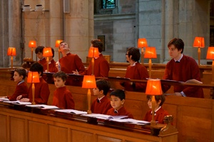 The boys from St George's Choir take in the unfamiliar setting of Belfast Cathedral.