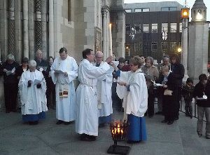Lighting the Paschal Candle outside St Anne's Cathedral on Easter Eve 2014.