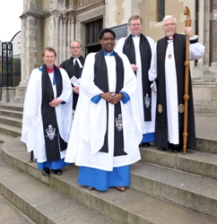 Pictured are, from left: The Dean of St Anne's, the Very Rev John Mann; the Rev Canon William Taggart, registrar; Canon Jerome Munyangaju; Canon Nigel Baylor and Bishop Harold Miller. Photo: Douglas Goddard.