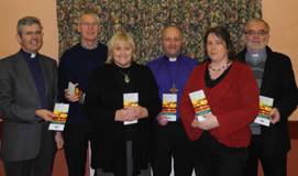 Launching the leaflet are, from left: Archdeacon Stephen Forde, Canon Raymond Fox, Rev Carol Harvey, Bishop Alan Abernethy, Laurie Randall and Archdeacon Barry Dodds.