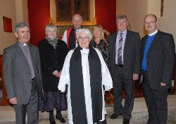 Rev Helen MacArthur, non-stipendiary priest-in-charge of the Ardclinis and Tickmacrevan, Layde and Cushendun group of parishes, pictured at her service of introduction with, from left, the Archdeacon of Dalriada, the Venerable Stephen Forde; church wardens Jean Pullins, Kate Magill and William Wright; the Bishop of Connor, the Rt Rev Alan Abernethy and Rural Dean, the Rev Mark Taylor. Photo: Larne Times.