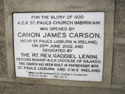 The plaque erected at the new church in Imberikani.