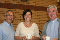 Des and Judith Cairns, Lisburn Cathedral, with their rector Canon Sam Wright, enjoying the tea break at the Rural Deanery meeting in Eglantine.
