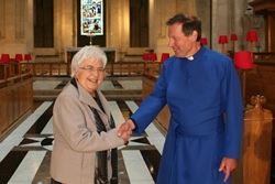 Dean John Mann greets Dr Voce in the cathedral. Photo: Paul Harron.