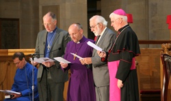 Reading of a pact ‘to love one another as Jesus loved us', leaders representing the Methodist, Church of Ireland, Presbyterian and Roman Catholic traditions. L-R: Methodist President, Rev Ken Lindsay; the Bishop of Connor, the Rt Rev Alan Abernethy; former Presbyterian Moderator, the Rev Dr John Dunlop; the Bishop of Down & Connor, the Most Rev Noel Treanor. Photo: Paul Harron