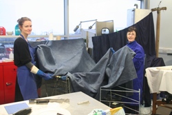 Wilma and Helen in the process of dying the Merino felt the beautiful indigo colour of a midnight sea.