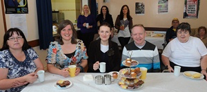 Cedar Foundation staff L to R: Linda Hamilton, Rita Ebbinghaus, Briege Quinn, Terry McManus and service user Dawn Leavey (right) pictured at a Coffee Morning in aid of Cancer Research at Derryvolgie Parish.