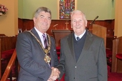 The Mayor of Newtownabbey, Alderman Billy Webb, meets 94-year old parishioner and choir member Billy Webb.