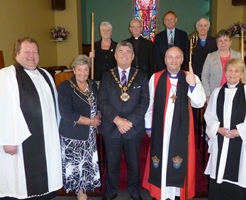 At the celebrations in Cloghfern are: Left to right, front row:  Rev David Lockhart (Rector); Alderman Billy and Mrs Pat Webb (Mayor and Mayoress of Newtownabbey); Bishop Abernethy; Rev Alice Stewart (Curate Assistant). Left to right, back row:  Helen Wilson (Rector's warden); Rev Sam Black (former curate); Mike Parr (son of Rev Parr, first Rector); Rev Canon Stuart Lloyd (former curate); Shirley Flack (people's warden)
