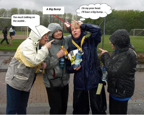 S much for sympathy. Kathleen and her fellow walkers after the collision with the lamppost!
