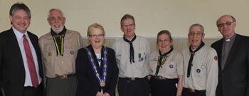 At the Lisburn & District Scout Council St George's Day service in Lisburn Cathedral are: L to R: Basil McCrea MLA, Billy Mawhinney (District President), Councillor Margaret Tolerton (Deputy Mayor of Lisburn), Noel Irwin (District Commissioner), Jessica Kidd (District Chairperson), David Anderson (Assistant District Commissioner - Cubs) and Canon George Irwin (District Chaplin).