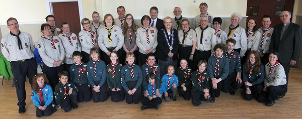 Lisburn Cathedral Scout Troop and Paul Duggan (Group Scout Leader) pictured with Noel Irwin, District Commissioner (left) and Lisburn district executive members at the Lisburn & District Scout Council St George's Day service in Lisburn Cathedral.  Included are Councillor Margaret Tolerton (Deputy Mayor of Lisburn) and Basil McCrea MLA.