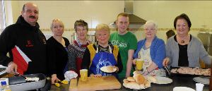 Preparing breakfasts are L to R: Stewart Gavin, Rhonda Gavin, Maureen Hughes, Valerie Scott, Ross Meneely, Margaret Perry and Thelma Campbell. Ross, a student at Belfast Bible College, was on placement at Derryvolgie for four weeks in January.