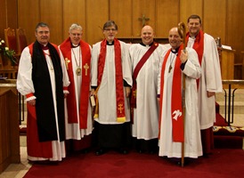 From left: The Rt Rev John McDowell, Bishop of Clogher; the Very Rev John Bond, Dean of Connor; the Rev Clifford Skillen, Bishop's Chaplain; the Rev Stephen McWhirter; the Bishop of Connor, the Rt Rev Alan Abernethy and the Rev Canon James Carson, rector of St Paul's.