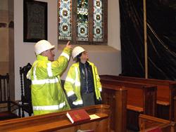 Joanne Curran (Consarc Design Group) gets an update on the work being carried out to a stained glass window in the South Transept.