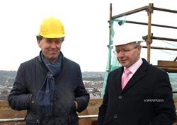Paul Mullan (Heritage Lottery Fund) and Peter Chestnutt (Glebe Warden) checking progress of work to the Tower.