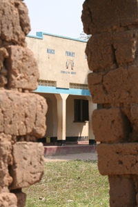 The new Mongo School, funded by Connor Diocese, photographed from inside the ruins of the old school.