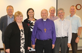 At the Yei debriefing are, from left: Andrew Sweeney, Gillian Maganda, Judith Cairns, Bishop Alan, Sam Wright, Stephen Forde and Ronnie Briggs.