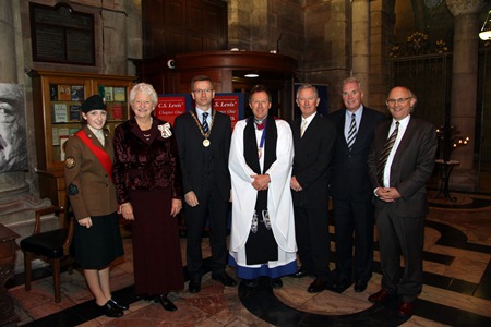 At the TinyLife Thanksgiving Service are: Lord Lieutenant's Cadet; The Lord Lieutenant of Belfast Dame Mary Peters; Belfast High Sheriff Councillor Brian Kingston; The Dean Of St Anne's Cathedral the Very Rev John Mann; TinyLife Chairman Dan Corr; TinyLife President Prof Jim Dornan; TinyLife Vice President Sir Nigel Hamilton. Photo: mbphotographyni.