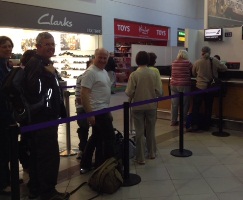 The Connor group queuing at Heathrow Airport on the way home. (Photo Eleanor Boyce)