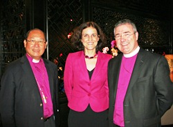 The Archbishop of Hong Kong with Secretary of State Theresa Villiers and Bishop John McDowell. Photo: Paul Harron.
