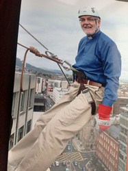 Barry Dodds looks confident as he steps back off the top of the Europa Hotel.