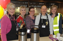 Liz Cunningham, Evelyn McCune, Sarah Elwood, Michael McCune and Joanne Matthews pictured serving complimentary refreshments in the Grace Café in Lisburn Cathedral following the Good Friday ‘Walk of Witness'.