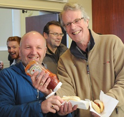 The Bishop of Connor, the Rt Rev Alan Abernethy and Roger Thompson (Clerk of Session of Railway Street Presbyterian Church) pictured tucking into a hot breakfast following the Easter Sunday ‘Dawn Service' in Castle Gardens, Lisburn.