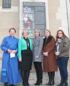 Dean John Mann, left, with special guests the Rev Canon Dr Heather Morris and BBC journalist Tara Mills, and representatives of two of the charities at the Good Samaritans' Service, Kathryn Stevenson, right, for the Children's Law Centre, and Catherine Kinkaid of Homestart Newry and Mourne.