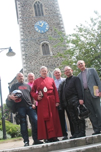 The first stop off for the Bikers on a Mission was Lisburn Cathedral. From left: Rev Andrew McCoskery; Jan de Vries of US; the Very Rev John Bond, Dean of Connor; Canon Sam Wright, Lisburn Cathedral; Rev Nigel Kirkpatrick and Canon George Irwin, Ballymacash.