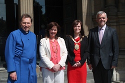 On the Cathedral steps before the start of Jonah-Man Jazz are, from left: Dean Mann, Jennifer McCann, Lord Mayor Nichola Mallon and Jonathan Bell.