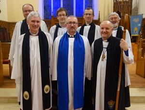 At the commissioning are, back from left: Canon Peter McDowell, Rev Simon Genoe, Rev John Rutter and Canon John Budd. Front, from left: Canon Sam Wright, Garvin Jess and Bishop Alan Abernethy.