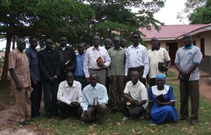 Bishop Hilary and staff at diocesan office in Yei. This picture was taken by CMSI's Jenny Smyth in March 2014.