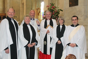 The Bishop of Connor and preacher the Ven Terry Scott, Archdeacon of Armagh, with the four new Deacons: From left are: Cameron Jones; Isobel Hawthorne-Steele, Bishop Alan Abernethy, Archdeacon Scott, Julie Bell and Philip Benson.