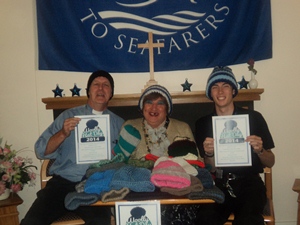 The Rev Colin Hall-Thompson, volunteer Jake and celebrity May McFettridge launch the Mission to Seafarers' Woolly Hat Day.