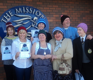 May McFettridge joins staff at the Flying Angel Seafarers' Centre to launch Woolly Hat Day.