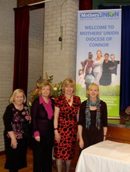 Connor MU Organising  Committee   with the new banner: From left: Ann  Armstrong  (Finance  &  Administration  Coordinator  in  Diocese;  Moira  Thom  (President); Kathleen  Rodgers  (Vice President  and  Chair  of  Organising  Committee); andMaud  Ryan  (Marketing  Coordinator  in  Diocese).