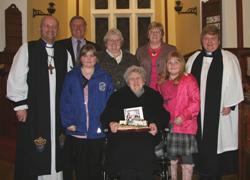 Pictured with Martha Wright is Bishop Alan Abernethy and the Rev Moreen Hutchinson along with Martha's son William, daughters Sarah and Jean and granddaughters Chelsea and Shannon.