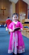 Beautiful little Jabez Hyun wears Korean dress at Derryvolgie for the special service for the Week of Prayer for Christian Unity.