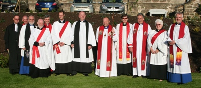 Pictured at the Ordination of Priests in St Thomas’s are, from left: Rev William Taggart, Registrar;  The Ven Dr Stephen McBride, Archdeacon of Connor; The Ven Barry Dodds, Archdeacon of Belfast; Rev Martin Hilliard; the Ven Stephen Forde, Archdeacon of Dalriada; Rev Mark Niblock; Rev John Farr;  the Rt Rev Alan Abernethy, Bishop of Connor; Rev Clifford Skillen, Bishop’s Chaplain; the Rt Rev Trevor Williams, Bishop of Limerick and Killaloe; Rev Helen MacArthur and Rev Canon Walter Lewis, Rector of St Thomas.