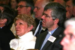Desney Cromie and Archdeacon Stephen Forde, both from Connor Diocese, listen intently to the presidential address.
