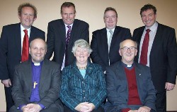 At the service of thanksgiving and rededication are L to R: (front) The Rt Rev Alan Abernethy (Bishop of Connor), Mrs Norma Bell and Rev Canon William Bell (Rector).  (back row) Norman Hutchinson (Architect, Kennedy Fitzgerald, Belfast), Mark Smyth (Annvale Construction, Armagh), Mr David Orr (Rector’s Glebewarden) and Mr Donald Finlay (Rector’s Churchwarden).