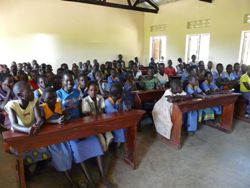 A classroom of girls keen to learn in the new Mongo School.