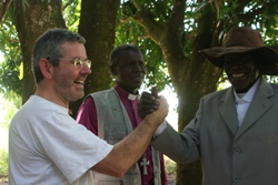 Archdeacon Stephen Forde, left, pictured with Bishop Hilary and an elder in Mongo village, Southern Sudan, is part of a the Sudan Partnership Group.