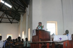 Archdeacon Stephen Forde preaches in Yei Cathedral on January 24.