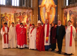 Canon Walter Lewis, his wife Evelyn, Connor training co-ordinator Peter Hamill, Bishop Martin Lind and other clergy at the service to end the partnership.