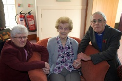 Emily McGill  is congratulated by the Revs Janice and Ron Elsdon as she celebrates her 100th birthday.