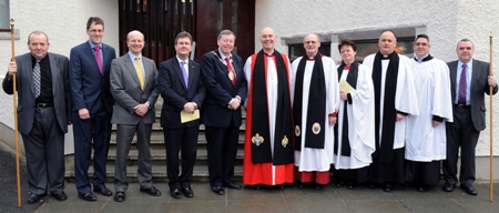 At the Service of Re-hallowing in St Mark’s are, from left: Ivan Donaldson (Churchwarden), Stephen Woodrow (Contractor), Paul Blamphin (Architect), Rt. Honourable Jeffrey Donaldson (Lagan Valley MP), Alderman Paul Porter (Lisburn Mayor), the Most Rev Alan Harper, OBE, (Archbishop of Armagh and Primate of All Ireland), the Rev Canon George Irwin (Rector), the Rev Anne Taylor (former parishioner), the Rev Kenneth Gamble (Curate Assistant), Ricky Taylor (Youth Pastor) and Laurence Scott (Churchwarden).